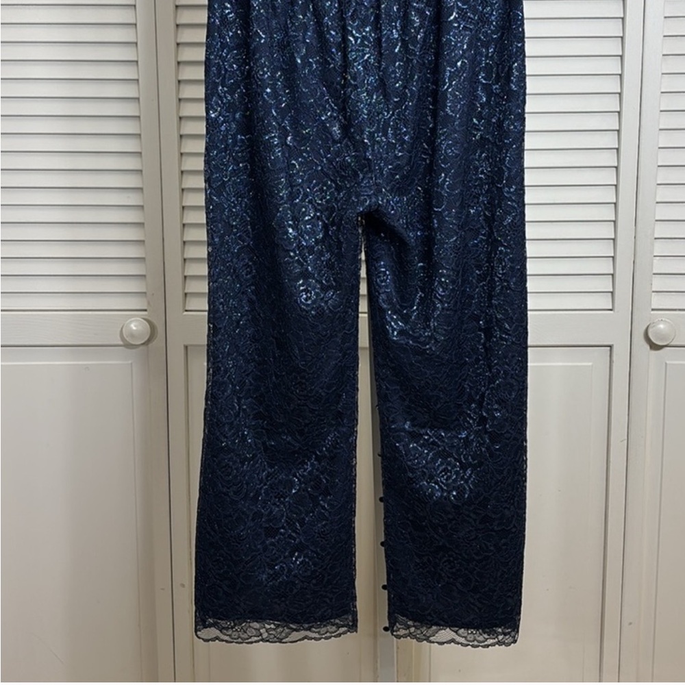 J. Crew Blue Lace Wide Leg Pants with Elegant Print and metallic silver thread - Picture 9 of 12